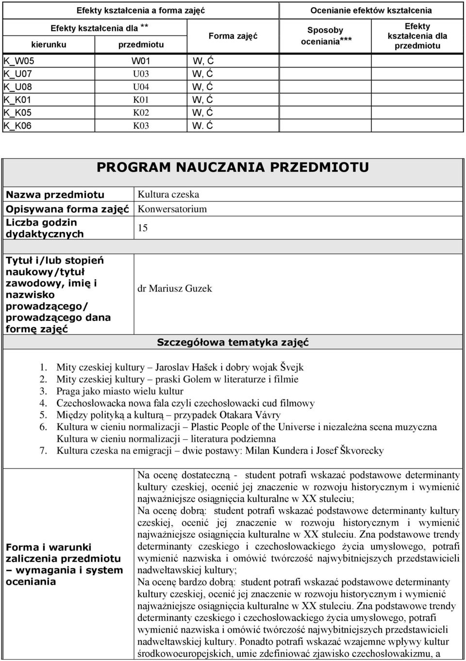 dydaktycznych Tytuł i/lub stopień naukowy/tytuł zawodowy, imię i nazwisko prowadzącego/ prowadzącego dana formę zajęć dr Mariusz Guzek Szczegółowa tematyka zajęć 1.