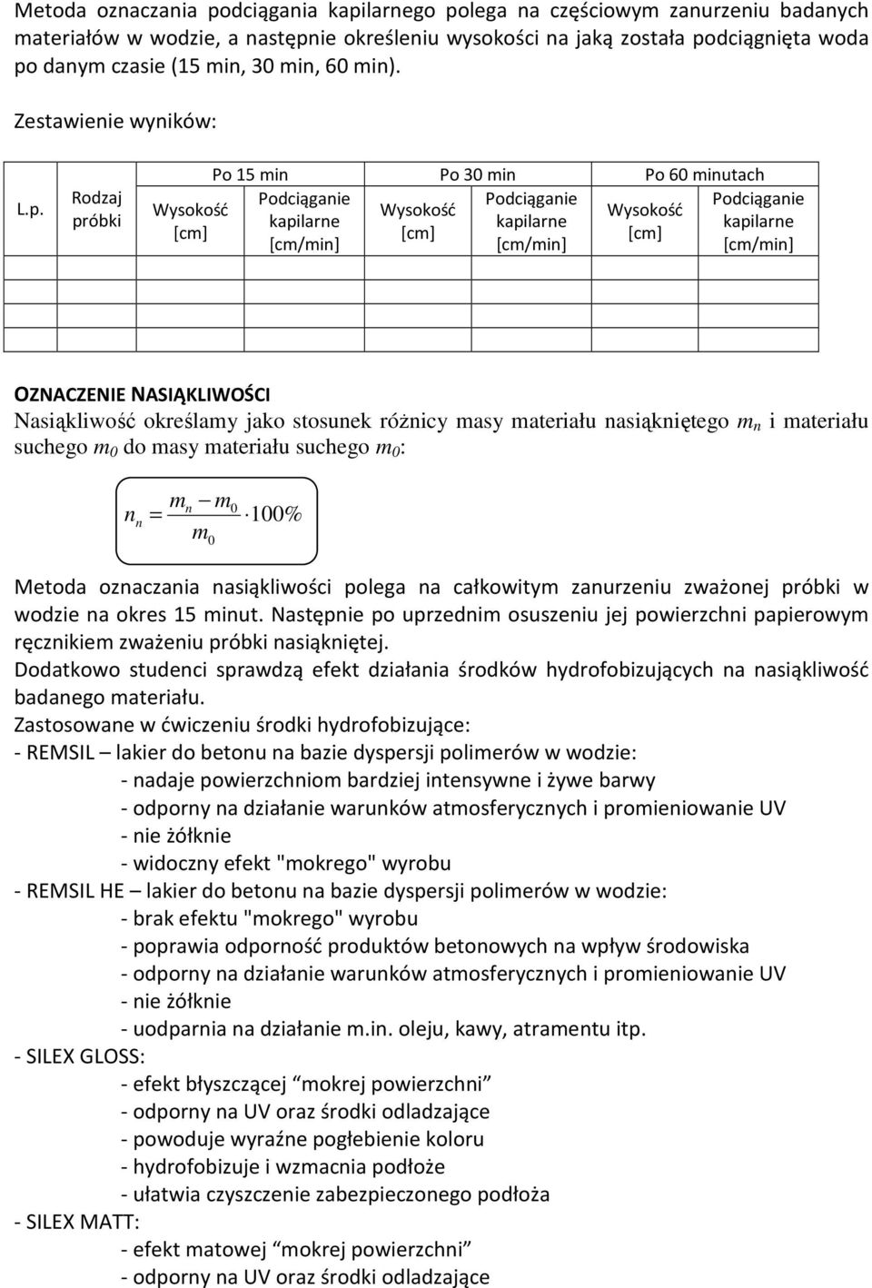 Rodzaj próbki Wysokość [cm] Po 15 min Po 30 min Po 60 minutach Podciąganie Podciąganie Wysokość Wysokość kapilarne kapilarne [cm] [cm] [cm/min] [cm/min] Podciąganie kapilarne [cm/min] ZNACZENIE
