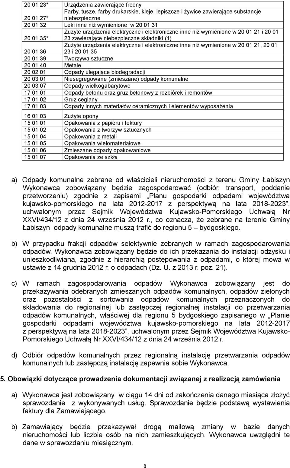 20 01 21, 20 01 20 01 36 23 i 20 01 35 20 01 39 Tworzywa sztuczne 20 01 40 Metale 20 02 01 Odpady ulegające biodegradacji 20 03 01 Niesegregowane (zmieszane) odpady komunalne 20 03 07 Odpady