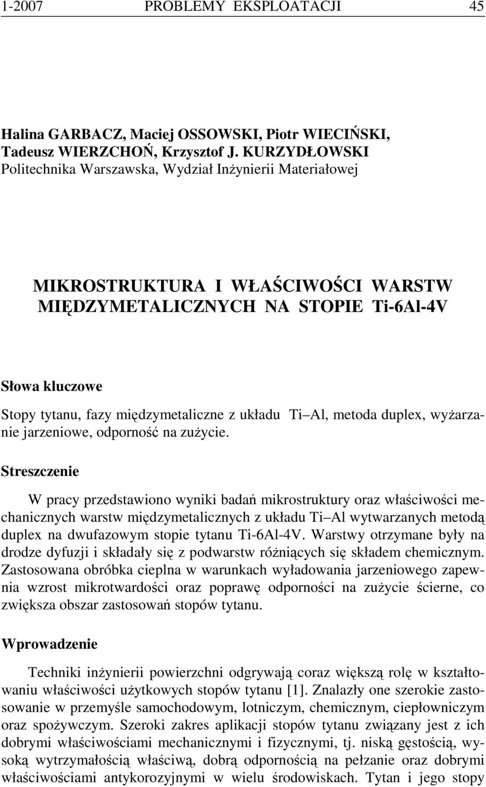 układu Ti Al, metoda duplex, wyżarzanie jarzeniowe, odporność na zużycie.