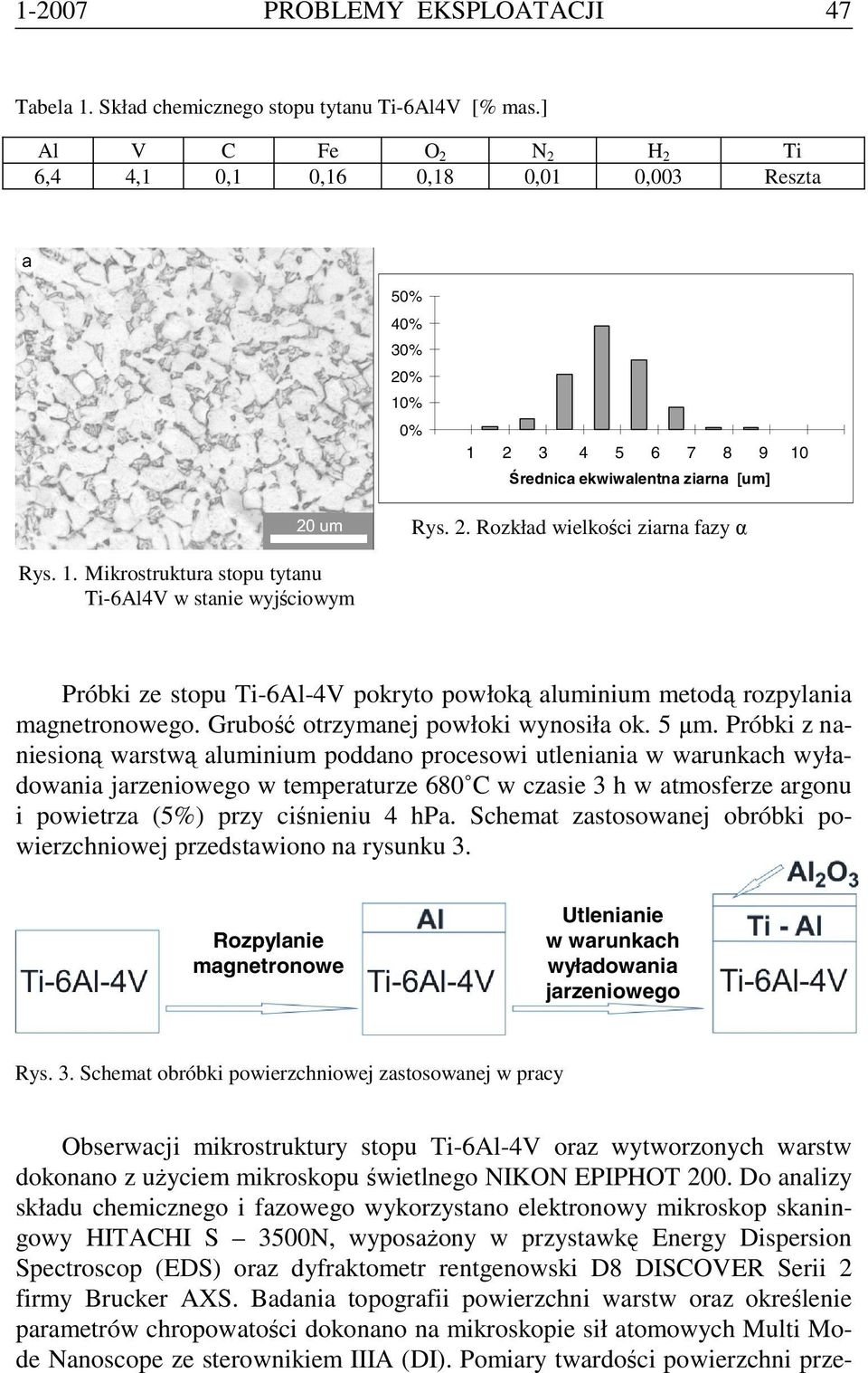 1. Mikrostruktura stopu tytanu Ti-6Al4V w stanie wyjściowym Próbki ze stopu Ti-6Al-4V pokryto powłoką aluminium metodą rozpylania magnetronowego. Grubość otrzymanej powłoki wynosiła ok. 5 µm.