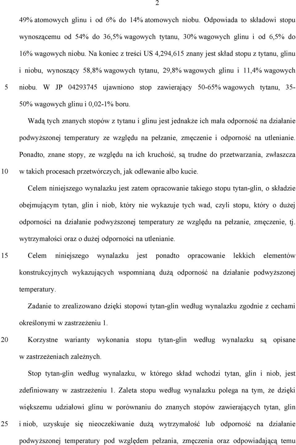 W JP 04293745 ujawniono stop zawierający 50-65% wagowych tytanu, 35-50% wagowych glinu i 0,02-1% boru.