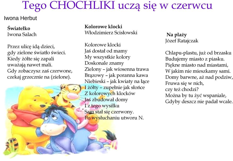 łące I żółty zupełnie jak słońce Z kolorowych klocków Jaś zbudował domy I z tego wysiłku Sam stał się czerwony. Po wysłuchaniu utworu N.