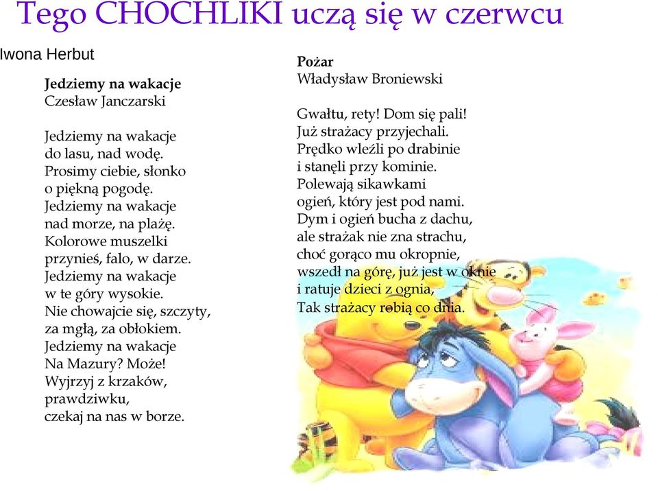 Pożar Władysław Broniewski Gwałtu, rety! Dom się pali! Już strażacy przyjechali. Prędko wleźli po drabinie i stanęli przy kominie.