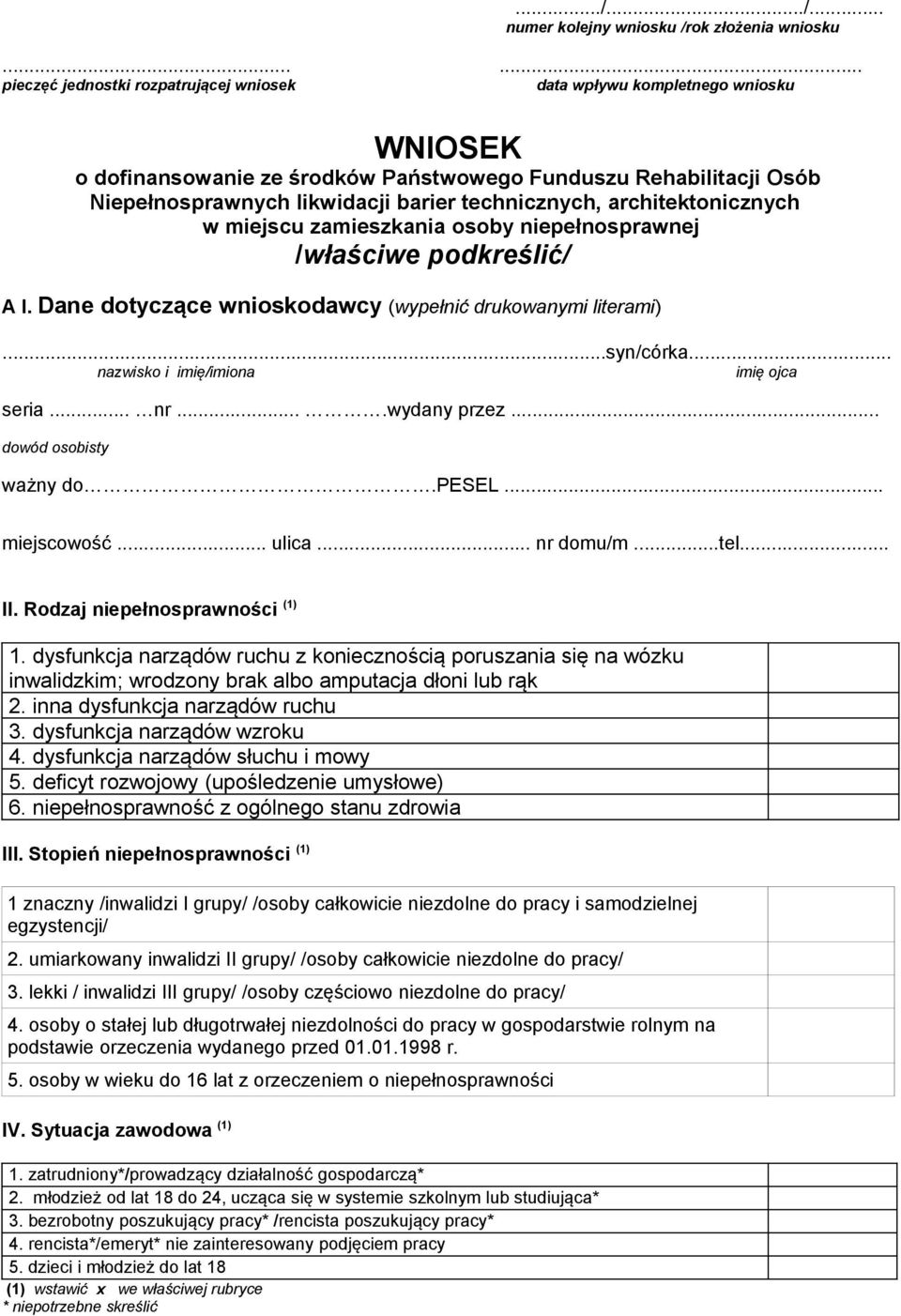 technicznych, architektonicznych w miejscu zamieszkania osoby niepełnosprawnej /właściwe podkreślić/ A I. Dane dotyczące wnioskodawcy (wypełnić drukowanymi literami)...syn/córka.