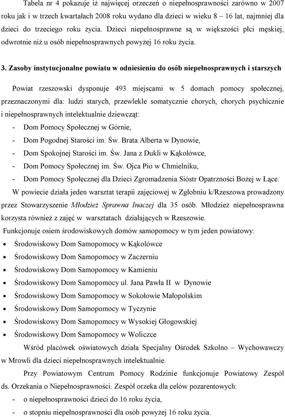 Zasoby instytucjonalne powiatu w odniesieniu do osób niepełnosprawnych i starszych Powiat rzeszowski dysponuje 493 miejscami w 5 domach pomocy społecznej, przeznaczonymi dla: ludzi starych,