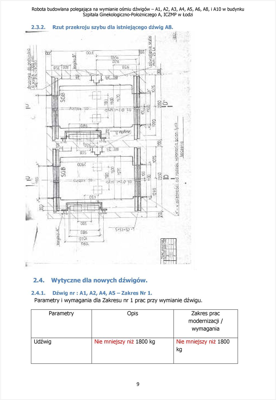 Parametry i wymagania dla Zakresu nr 1 prac przy wymianie dźwigu.