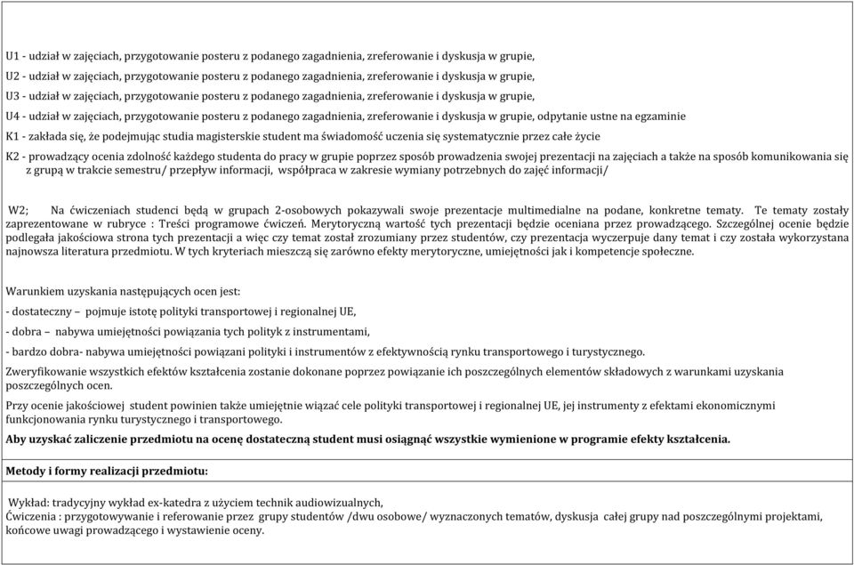 i dyskusja w grupie, odpytanie ustne na egzaminie K1 - zakłada się, że podejmując studia magisterskie student ma świadomość uczenia się systematycznie przez całe życie K2 - prowadzący ocenia zdolność