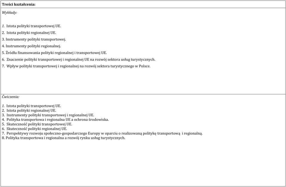 Wpływ polityki transportowej i regionalnej na rozwój sektora turystycznego w Polsce. Ćwiczenia: 1. Istota polityki transportowej UE. 2. Istota polityki regionalnej UE. 3.
