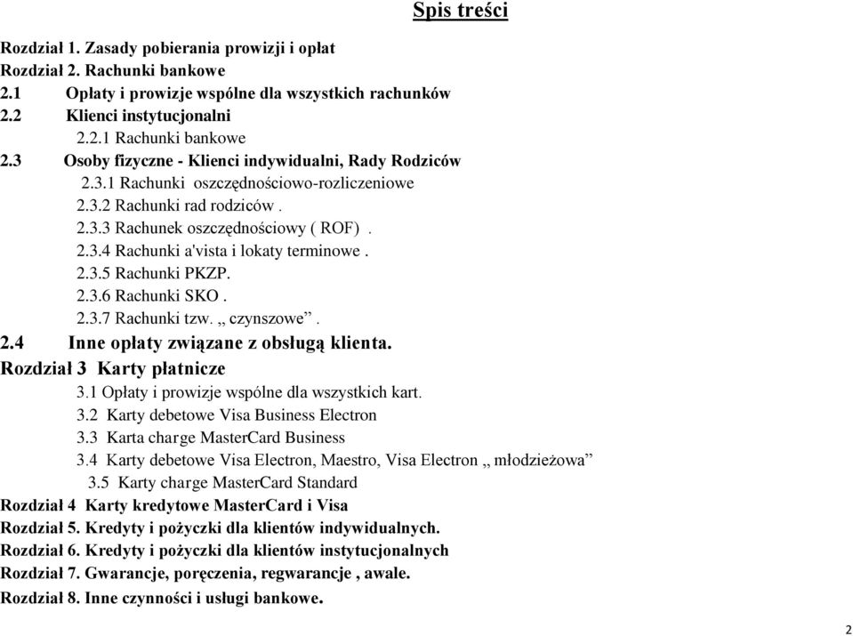 2.3.5 Rachunki PKZP. 2.3.6 Rachunki SKO. 2.3.7 Rachunki tzw. czynszowe. 2.4 Inne opłaty związane z obsługą klienta. Rozdział 3 Karty płatnicze 3.1 Opłaty i prowizje wspólne dla wszystkich kart. 3.2 Karty debetowe Visa Business Electron 3.