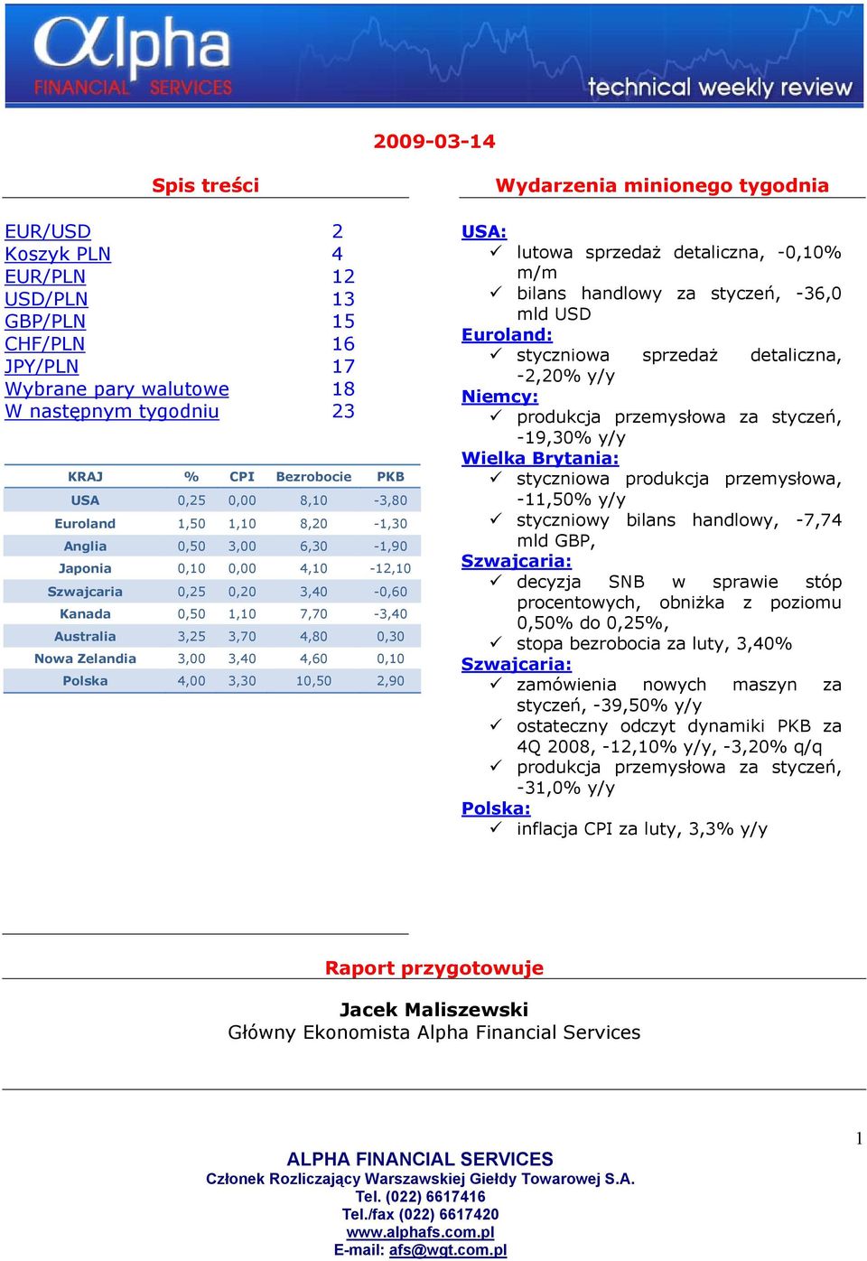 4,60 0,10 Polska 4,00 3,30 10,50 2,90 Wydarzenia minionego tygodnia USA: lutowa sprzedaż detaliczna, -0,10% m/m bilans handlowy za styczeń, -36,0 mld USD Euroland: styczniowa sprzedaż detaliczna,