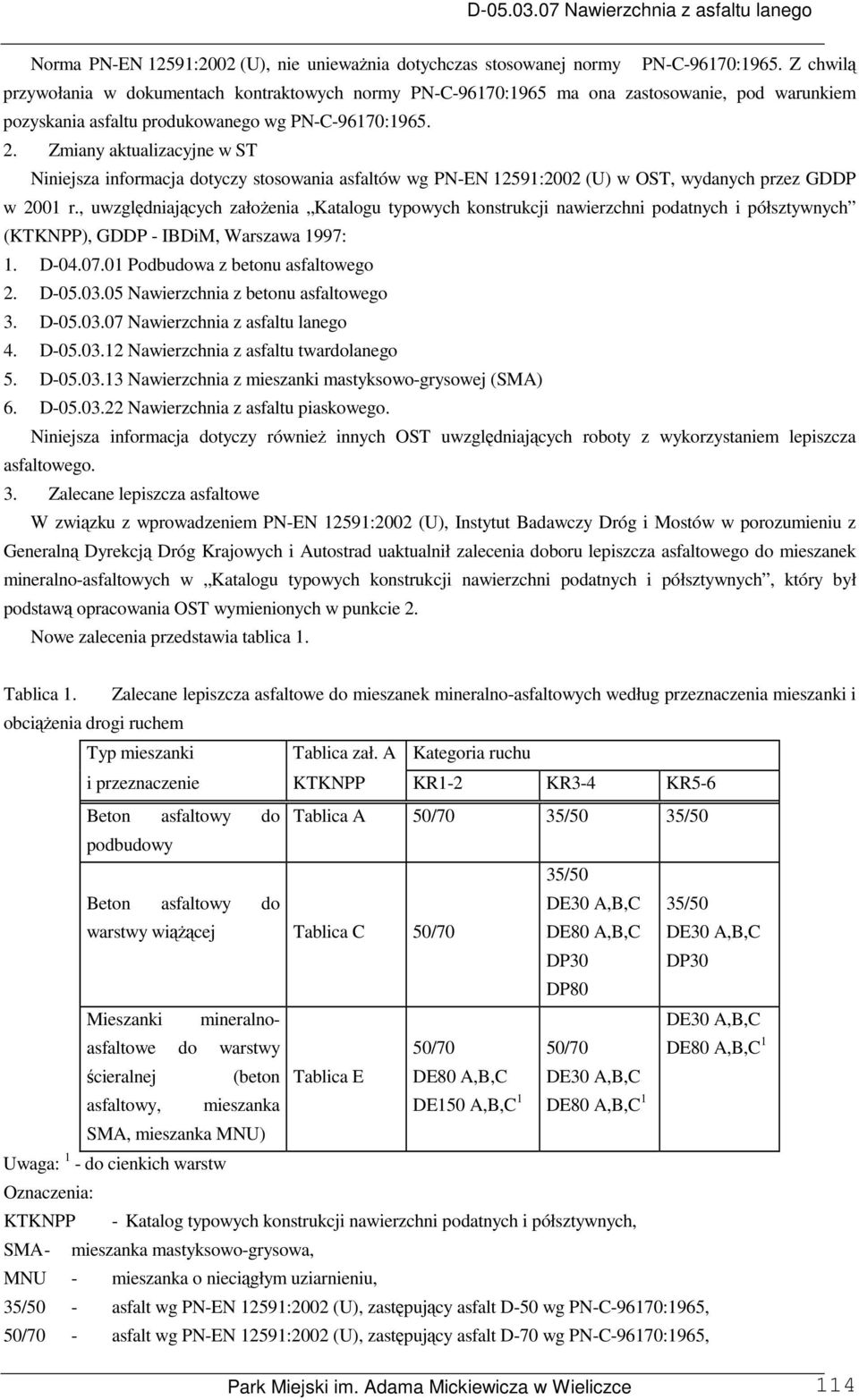 Zmiany aktualizacyjne w ST Niniejsza informacja dotyczy stosowania asfaltów wg PN-EN 12591:2002 (U) w OST, wydanych przez GDDP w 2001 r.