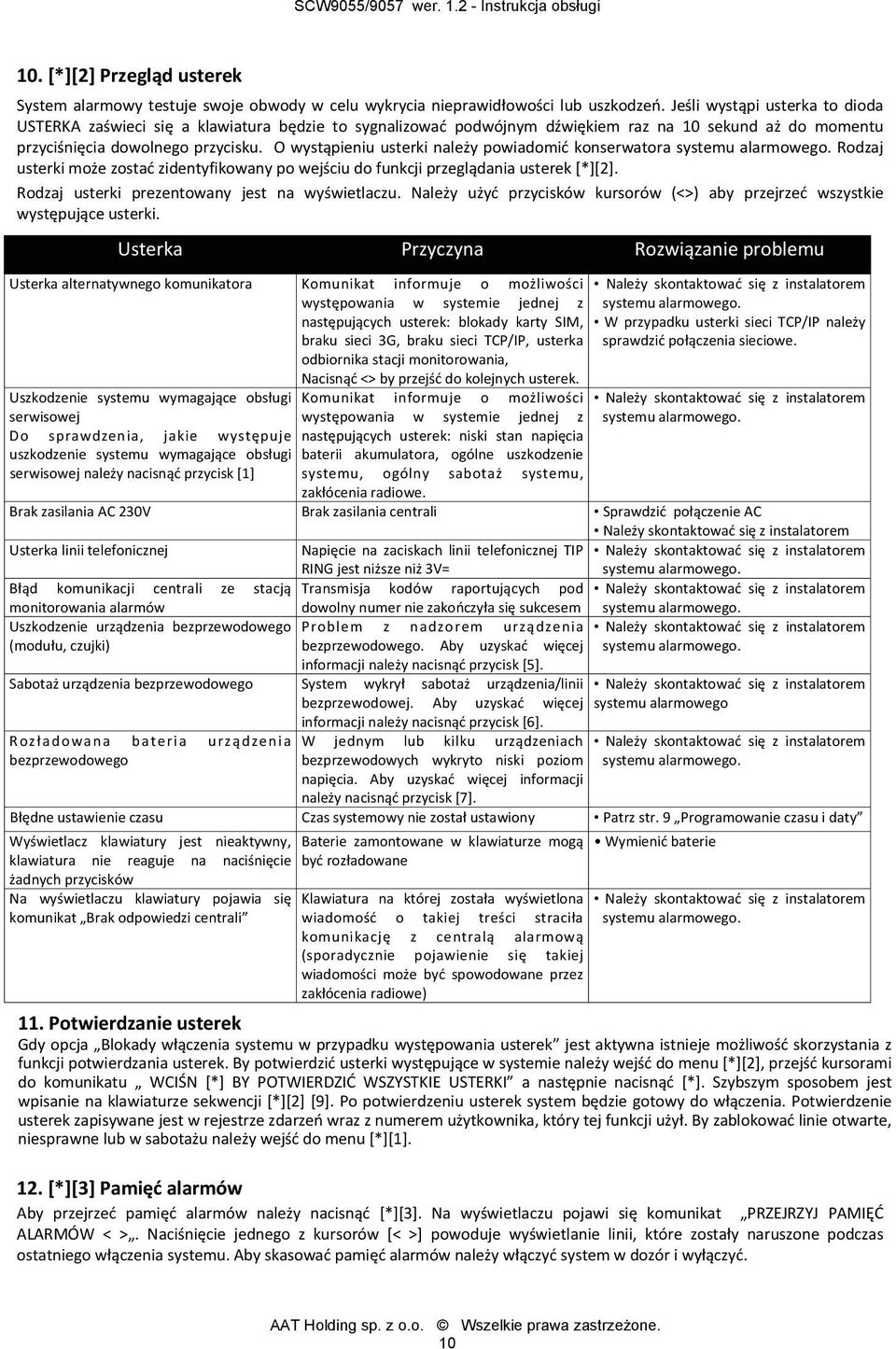 O wystąpieniu usterki należy powiadomić konserwatora systemu alarmowego. Rodzaj usterki może zostać zidentyfikowany po wejściu do funkcji przeglądania usterek [*][2].