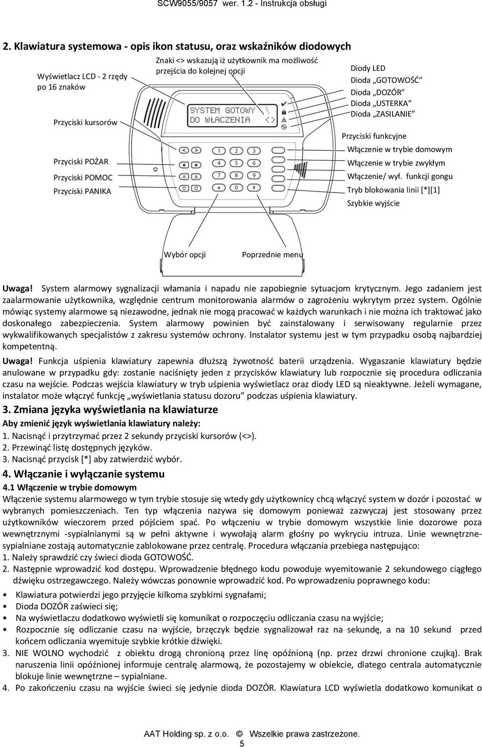 Włączenie w trybie domowym Włączenie w trybie zwykłym Włączenie/ wył. funkcji gongu Tryb blokowania linii [*][1] Szybkie wyjście Wybór opcji Poprzednie menu Uwaga!