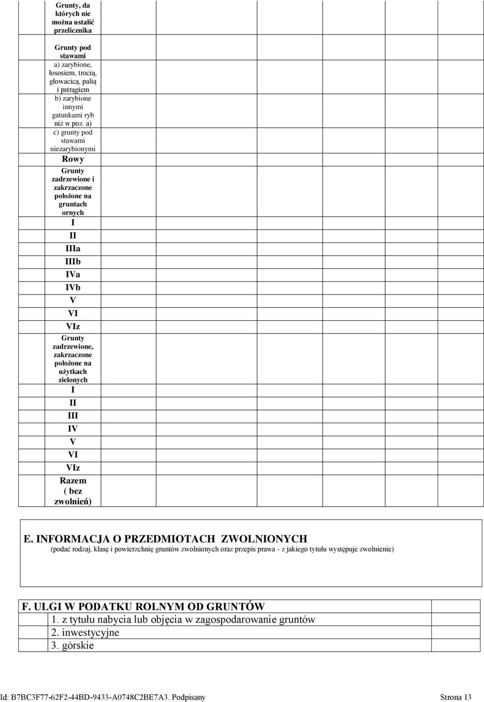 Razem ( bez zwolnień) E. NFORMACJA O PRZEDMOTACH ZWOLNONYCH (podać rodzaj, klasę i powierzchnię gruntów zwolnionych oraz przepis prawa - z jakiego tytułu występuje zwolnienie) F.