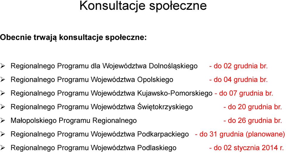 Regionalnego Programu Województwa Świętokrzyskiego Małopolskiego Programu Regionalnego - do 20 grudnia br. - do 26 grudnia br.