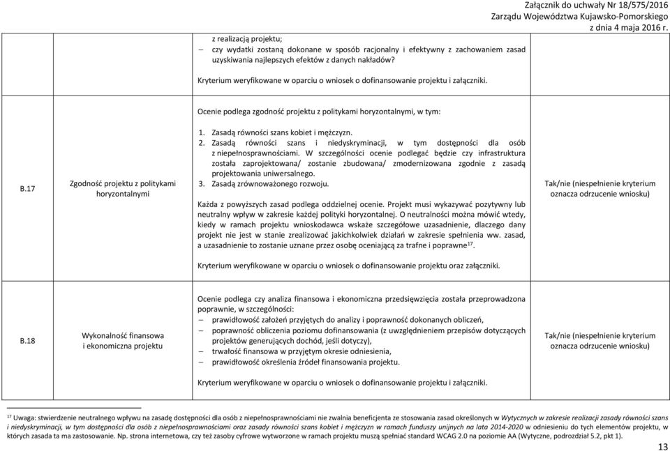 17 Zgodność projektu z politykami horyzontalnymi 1. Zasadą równości szans kobiet i mężczyzn. 2. Zasadą równości szans i niedyskryminacji, w tym dostępności dla osób z niepełnosprawnościami.