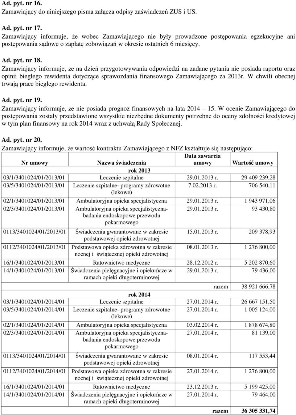 Zamawiający informuje, że na dzień przygotowywania odpowiedzi na zadane pytania nie posiada raportu oraz opinii biegłego rewidenta dotyczące sprawozdania finansowego Zamawiającego za 2013r.