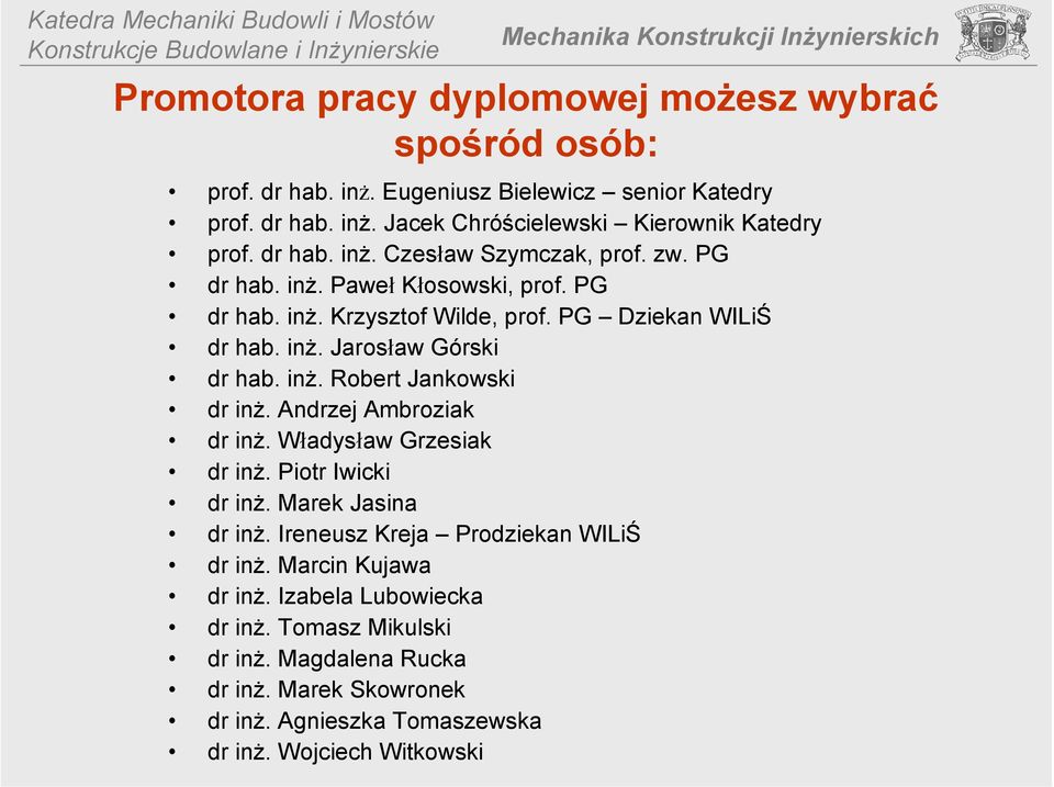 inż. Robert Jankowski dr inż. Andrzej Ambroziak dr inż. Władysław Grzesiak dr inż. Piotr Iwicki dr inż. Marek Jasina dr inż. Ireneusz Kreja Prodziekan WILiŚ dr inż.