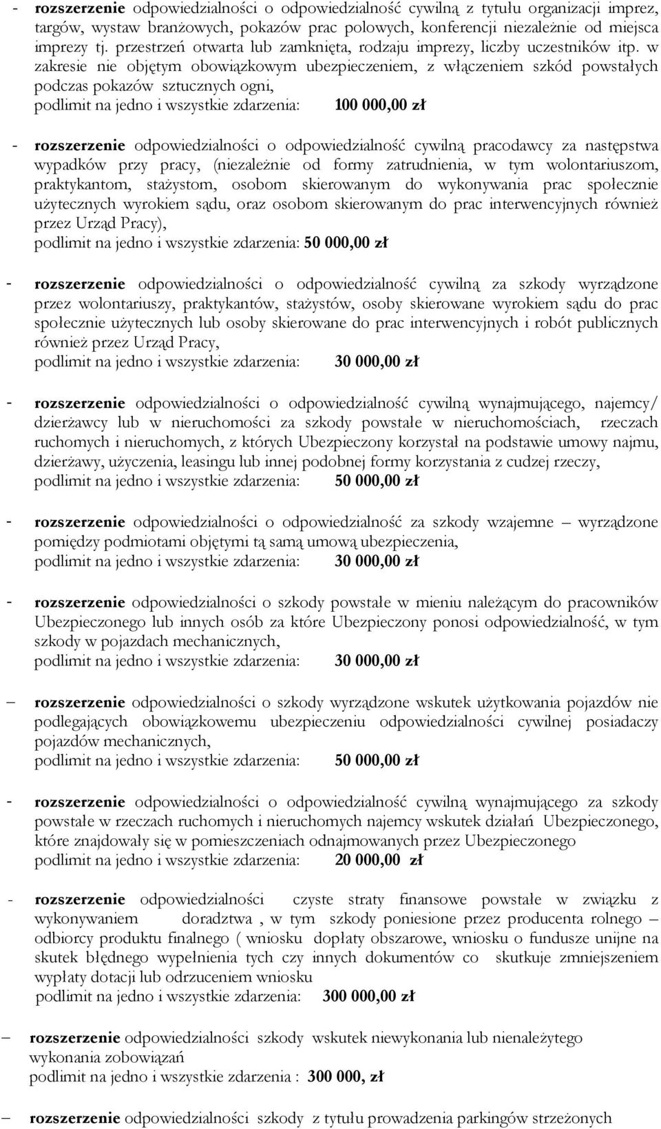 w zakresie nie objętym obowiązkowym ubezpieczeniem, z włączeniem szkód powstałych podczas pokazów sztucznych ogni, podlimit na jedno i wszystkie zdarzenia: 100 000,00 zł - rozszerzenie