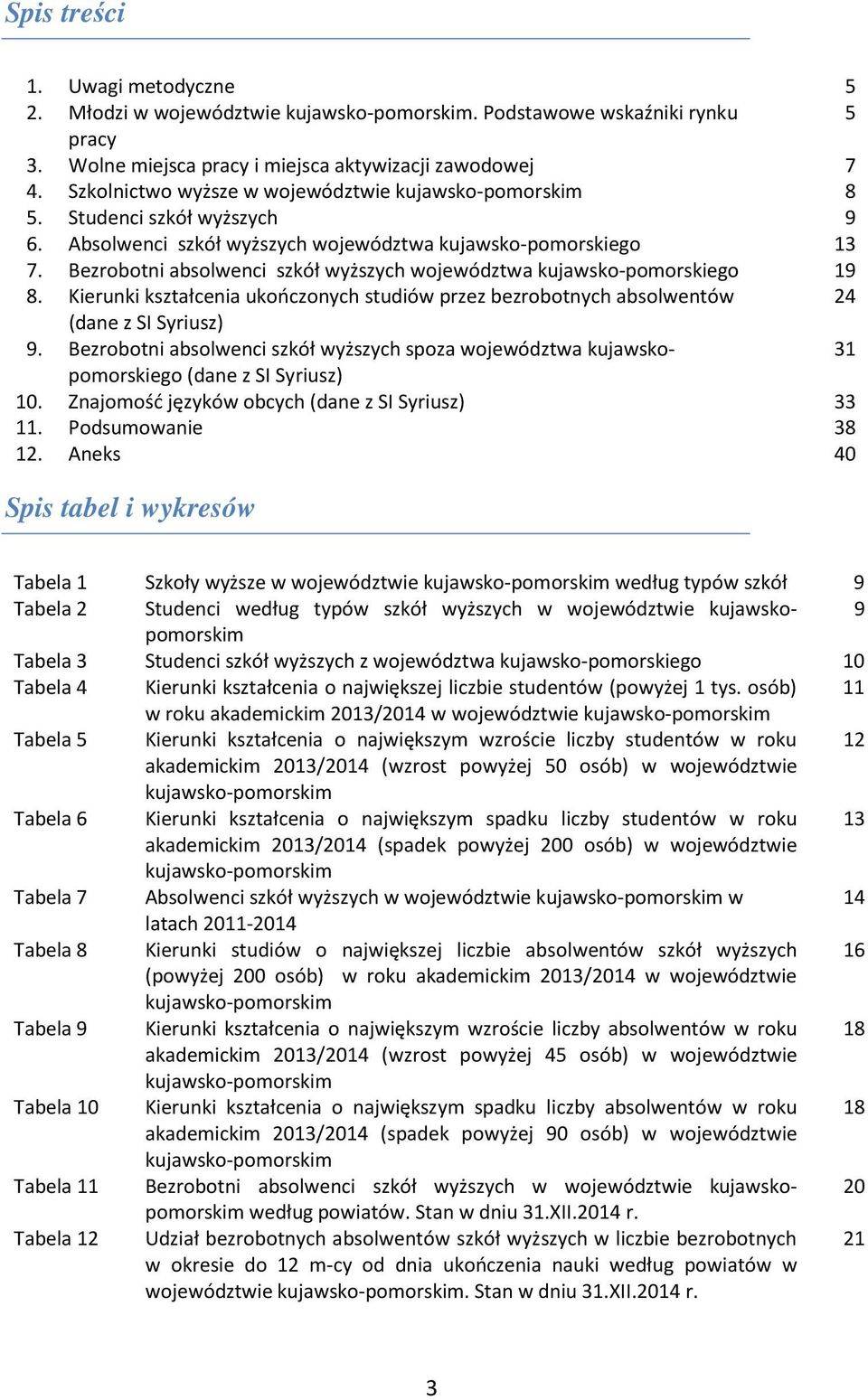 Bezrobotni absolwenci szkół wyższych województwa kujawsko-pomorskiego 9 8. Kierunki kształcenia ukończonych studiów przez bezrobotnych absolwentów 24 (dane z SI Syriusz) 9.