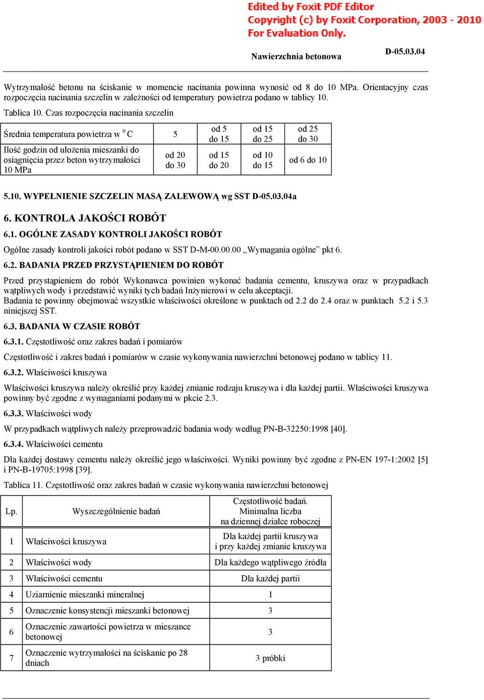 Czas rozpoczęcia nacinania szczelin Średnia temperatura powietrza w 0 C 5 Ilość godzin od ułożenia mieszanki do osiągnięcia przez beton wytrzymałości 10 MPa od 20 do 30 od 5 do 15 od 15 do 20 od 15