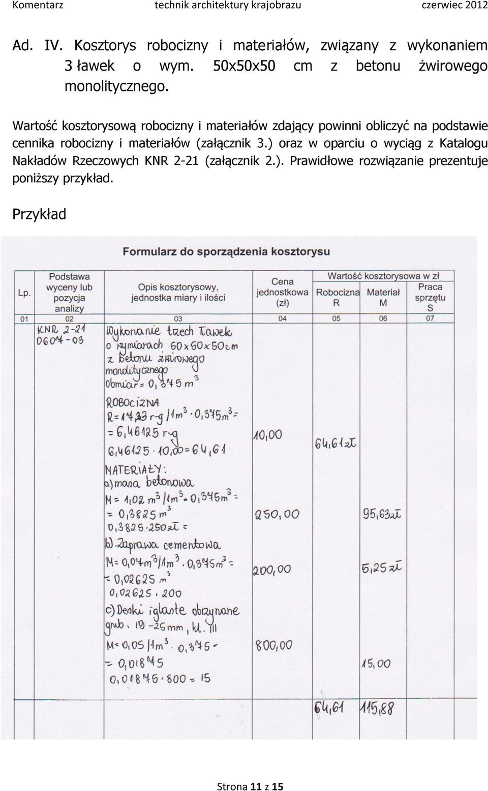 Wartość kosztorysową robocizny i materiałów zdający powinni obliczyć na podstawie cennika robocizny i