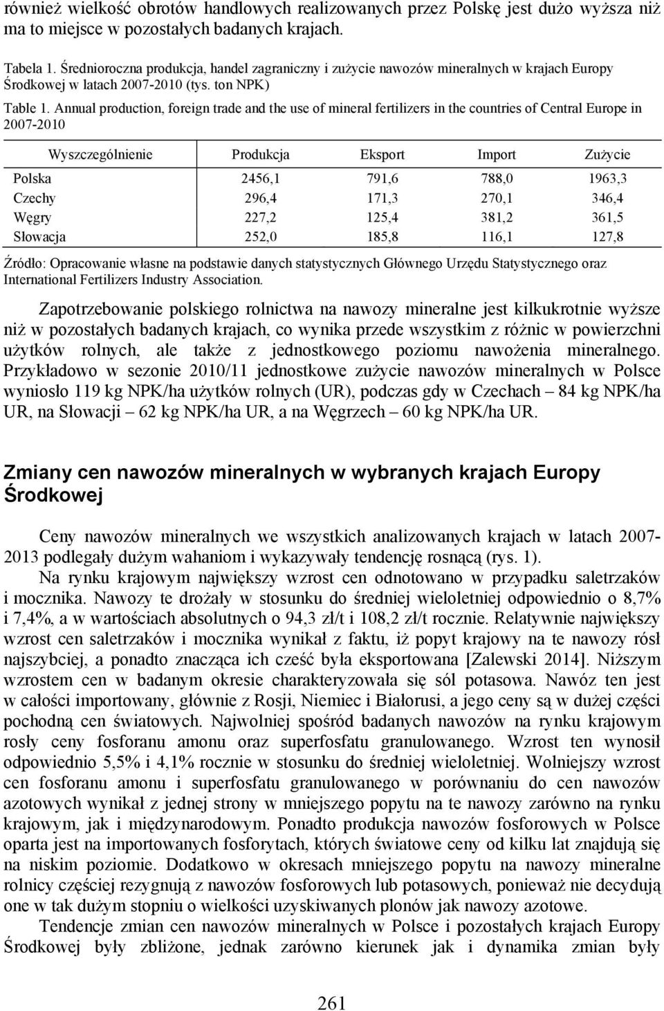 Annual production, foreign trade and the use of mineral fertilizers in the countries of Central Europe in 2007-2010 Wyszczególnienie Produkcja Eksport Import Zużycie Polska 2456,1 791,6 788,0 1963,3
