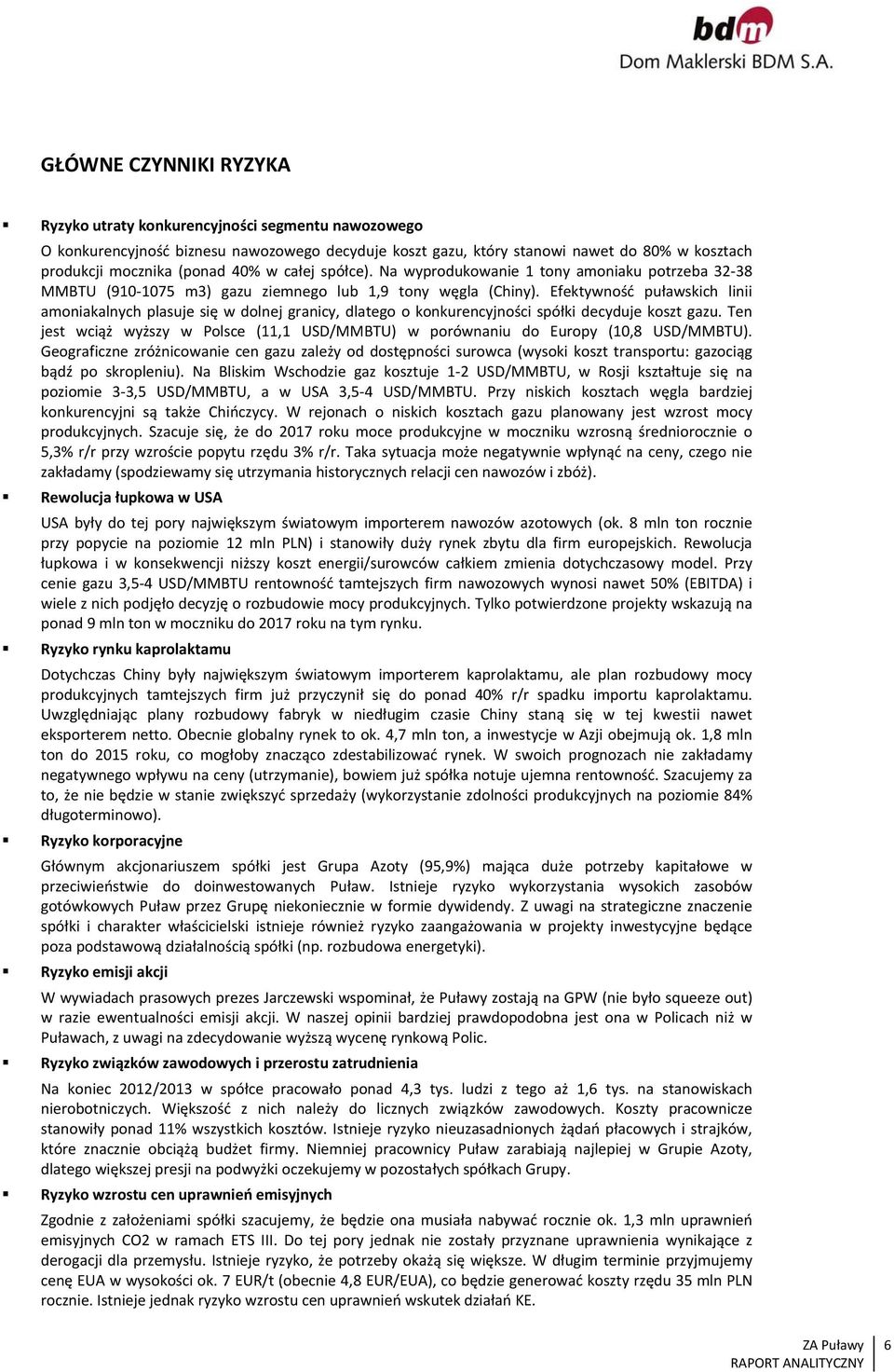 Efektywność puławskich linii amoniakalnych plasuje się w dolnej granicy, dlatego o konkurencyjności spółki decyduje koszt gazu.