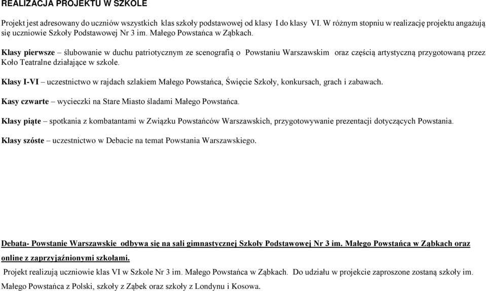 Klasy pierwsze ślubowanie w duchu patriotycznym ze scenografią o Powstaniu Warszawskim oraz częścią artystyczną przygotowaną przez Koło Teatralne działające w szkole.