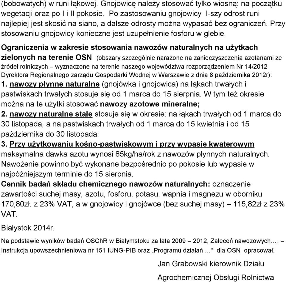 Ograniczenia w zakresie stosowania nawozów naturalnych na użytkach zielonych na terenie OSN (obszary szczególnie narażone na zanieczyszczenia azotanami ze źródeł rolniczych wyznaczone na terenie