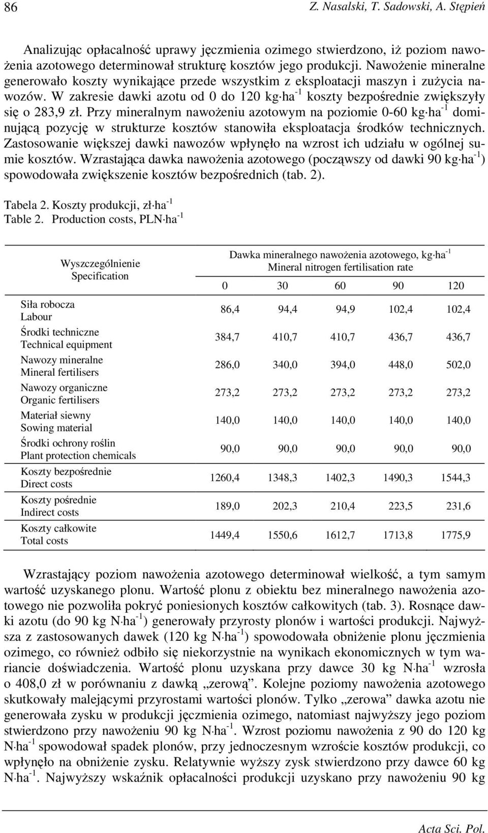 Przy mineralnym nawoŝeniu azotowym na poziomie 0-60 kg ha -1 dominującą pozycję w strukturze kosztów stanowiła eksploatacja środków technicznych.