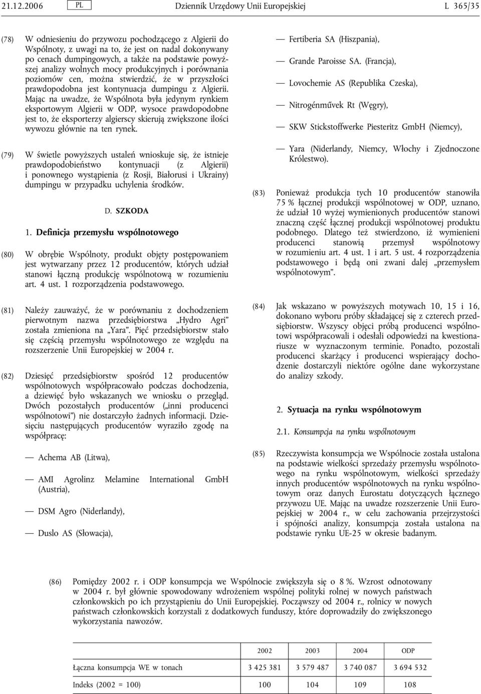podstawie powyższej analizy wolnych mocy produkcyjnych i porównania poziomów cen, można stwierdzić, że w przyszłości prawdopodobna jest kontynuacja dumpingu z Algierii.