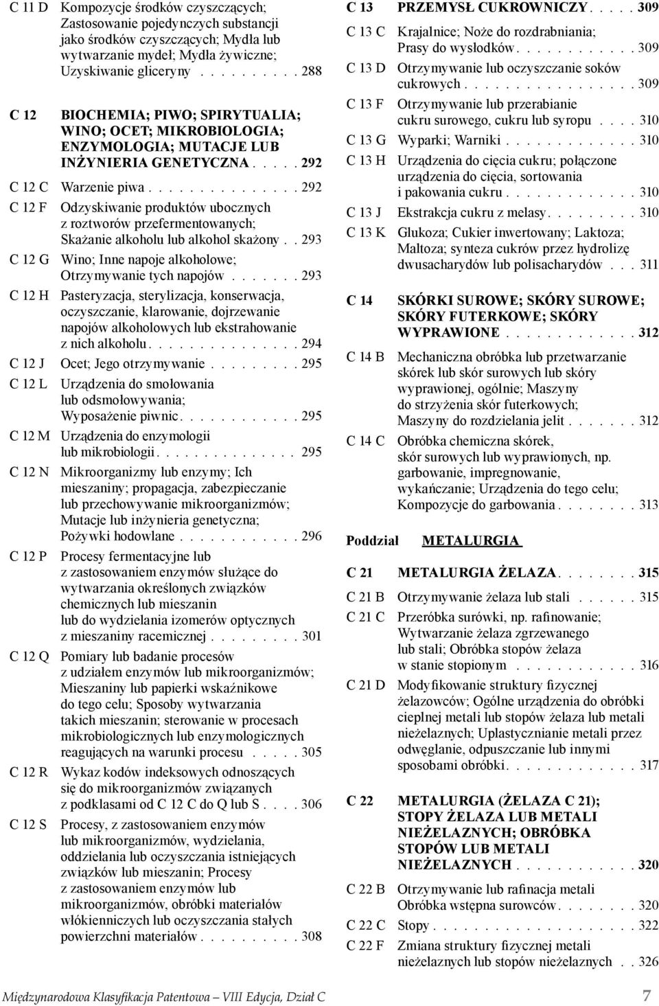 .............. 292 C 12 F Odzyskiwanie produktów ubocznych z roztworów przefermentowanych; Skażanie alkoholu lub alkohol skażony.. 293 C 12 G Wino; Inne napoje alkoholowe; Otrzymywanie tych napojów.