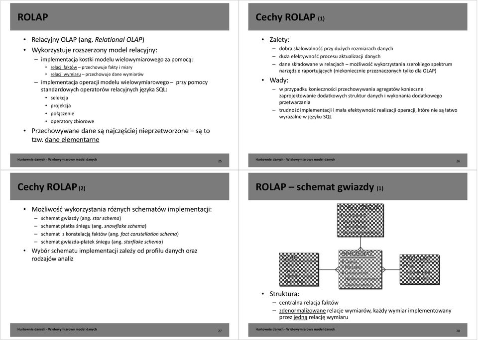 implementacja operacji modelu wielowymiarowego przy pomocy standardowych operatorów relacyjnych języka SQL: selekcja projekcja połączenie operatory zbiorowe Przechowywane dane są najczęściej