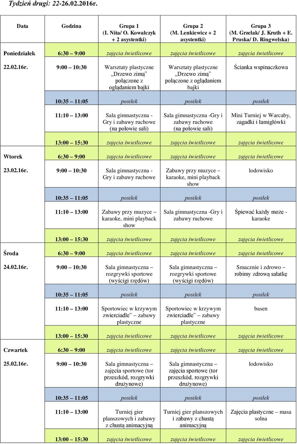 9:00 10:30 Warsztaty plastyczne Drzewo zimą połączone z oglądaniem bajki Warsztaty plastyczne Drzewo zimą połączone z oglądaniem bajki Ścianka wspinaczkowa 11:10 13:00 Sala gimnastyczna - Gry i