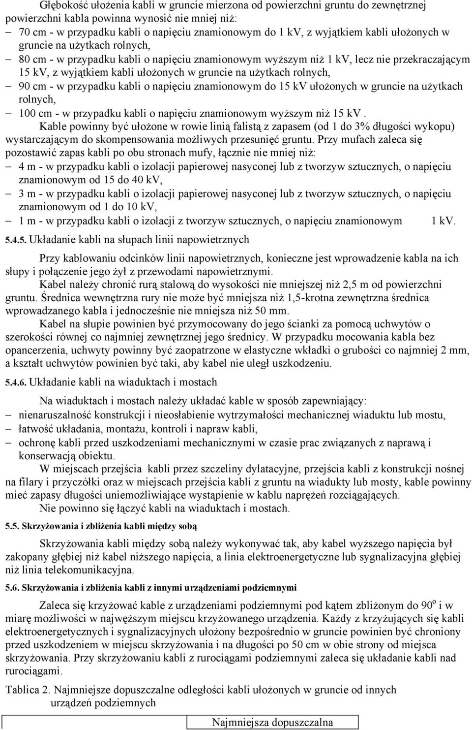 rolnych, 90 cm - w przypadku kabli o napięciu znamionowym do 15 kv ułożonych w gruncie na użytkach rolnych, 100 cm - w przypadku kabli o napięciu znamionowym wyższym niż 15 kv.