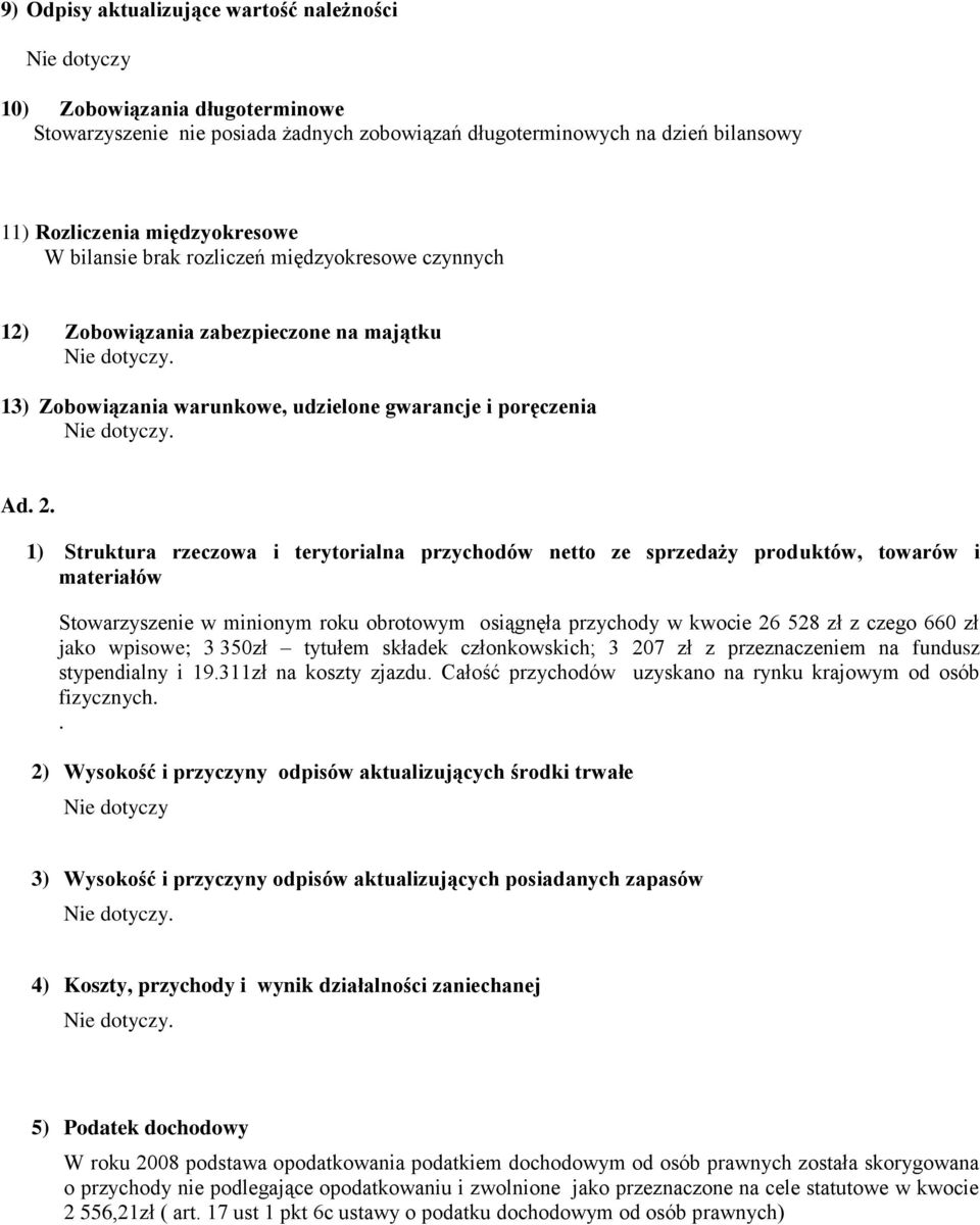 1) Struktura rzeczowa i terytorialna przychodów netto ze sprzedaży produktów, towarów i materiałów Stowarzyszenie w minionym roku obrotowym osiągnęła przychody w kwocie 26 528 zł z czego 660 zł jako
