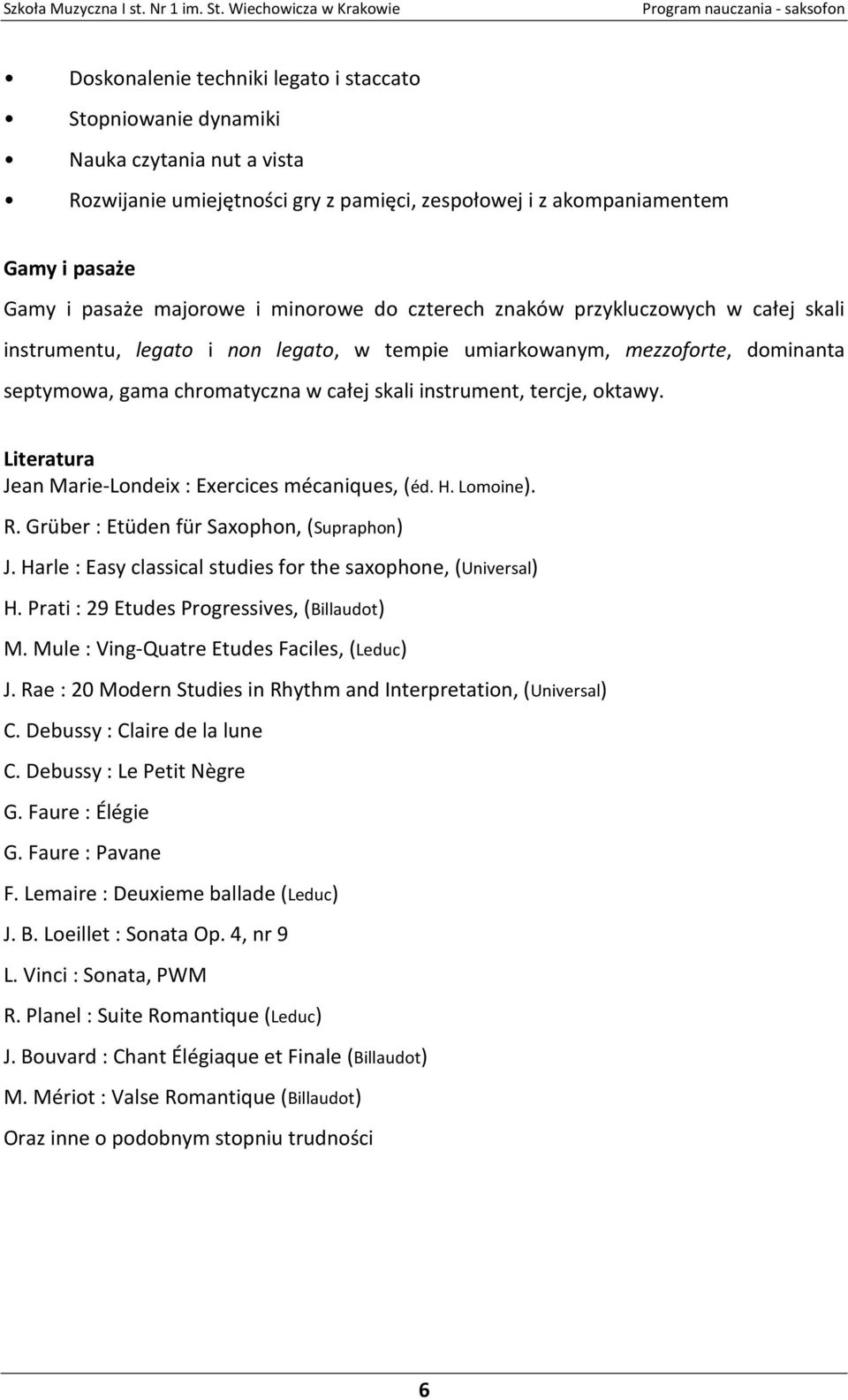 oktawy. Literatura Jean Marie-Londeix : Exercices mécaniques, (éd. H. Lomoine). R. Grüber : Etüden für Saxophon, (Supraphon) J. Harle : Easy classical studies for the saxophone, (Universal) H.