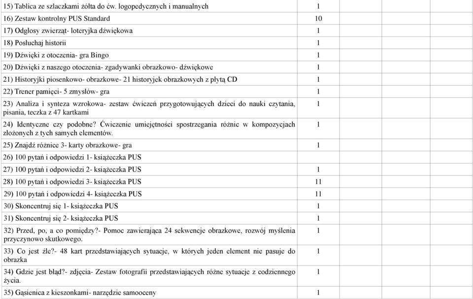 zgadywanki obrazkowo- dźwiękowe 2) Historyjki piosenkowo- obrazkowe- 2 historyjek obrazkowych z płytą CD 22) Trener pamięci- 5 zmysłów- gra 23) Analiza i synteza wzrokowa- zestaw ćwiczeń