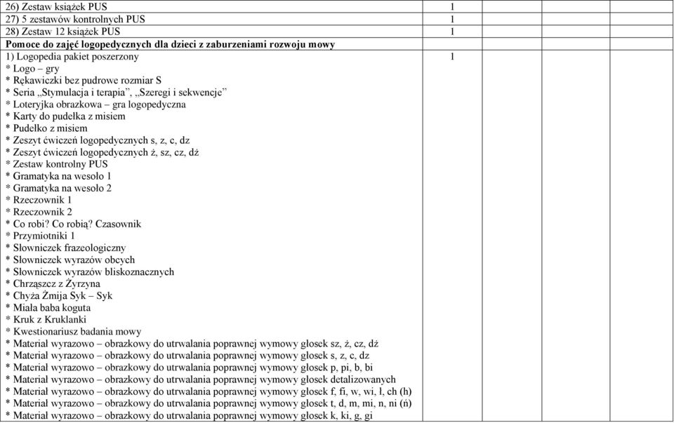 logopedycznych s, z, c, dz * Zeszyt ćwiczeń logopedycznych ż, sz, cz, dż * Zestaw kontrolny PUS * Gramatyka na wesoło * Gramatyka na wesoło 2 * Rzeczownik * Rzeczownik 2 * Co robi? Co robią?