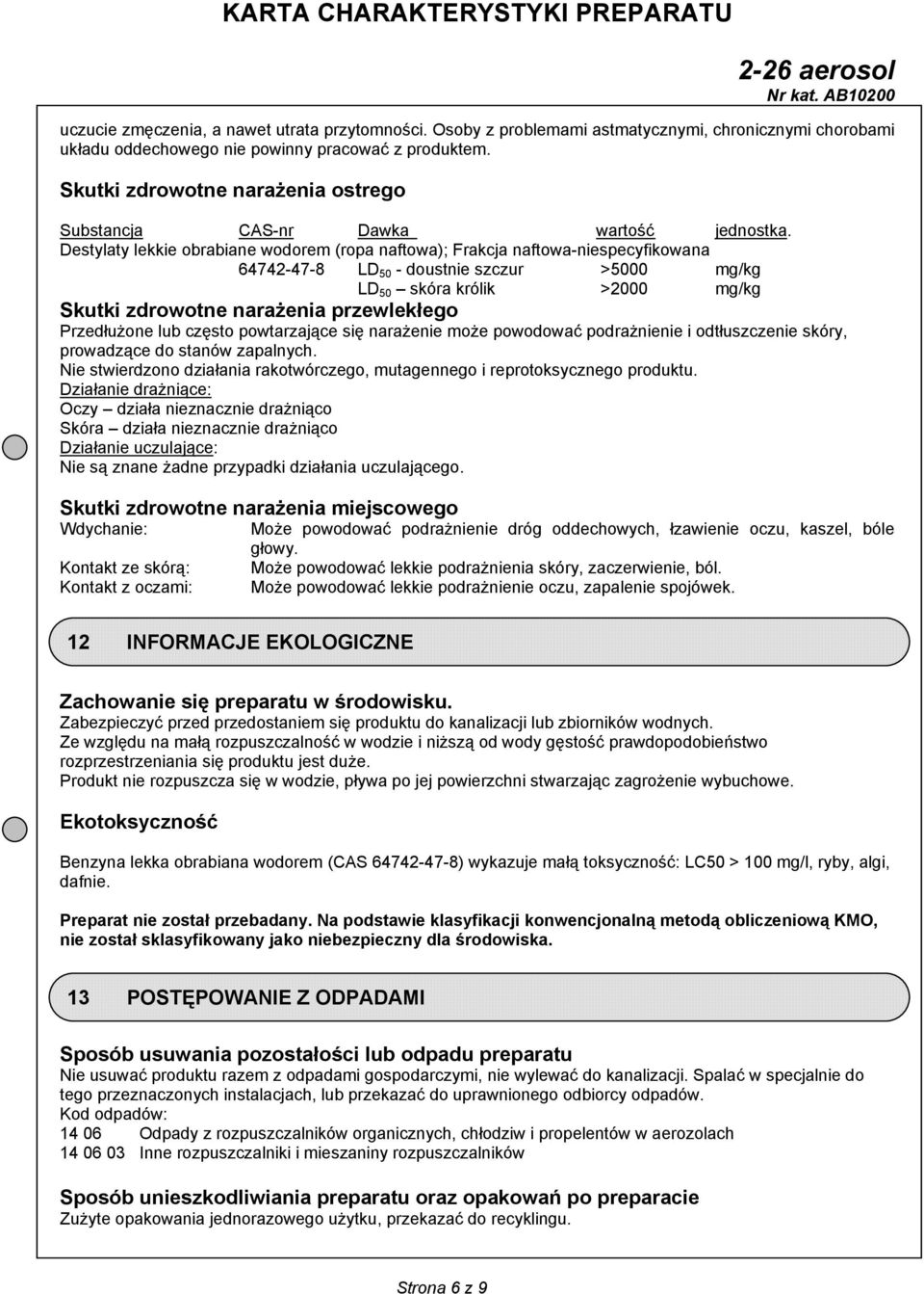 Destylaty lekkie obrabiane wodorem (ropa naftowa); Frakcja naftowa-niespecyfikowana 64742-47-8 LD 50 - doustnie szczur >5000 mg/kg LD 50 skóra królik >2000 mg/kg Skutki zdrowotne narażenia