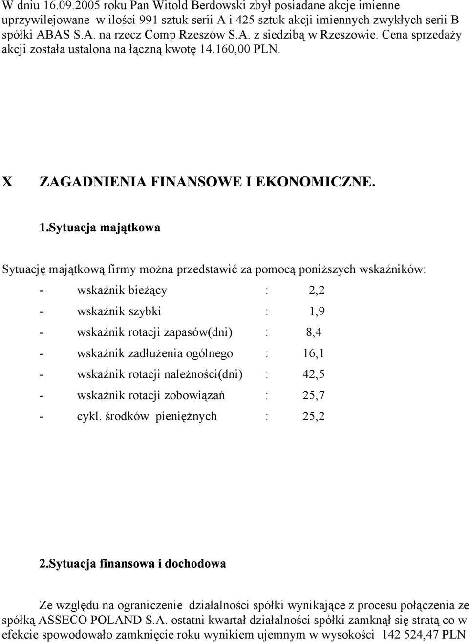 2,2 - wskaźnik szybki : 1,9 - wskaźnik rotacji zapasów(dni) : 8,4 - wskaźnik zadłużenia ogólnego : 16,1 - wskaźnik rotacji należności(dni) : 42,5 - wskaźnik