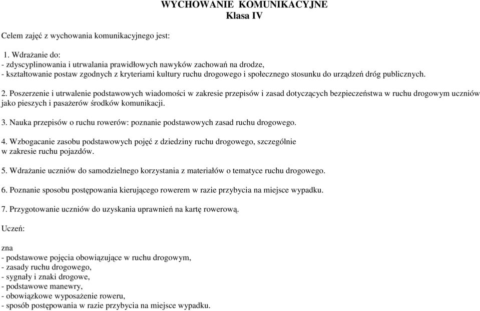 publicznych. 2. Poszerzenie i utrwalenie podstawowych wiadomości w zakresie przepisów i zasad dotyczących bezpieczeństwa w ruchu drogowym uczniów jako pieszych i pasażerów środków komunikacji. 3.