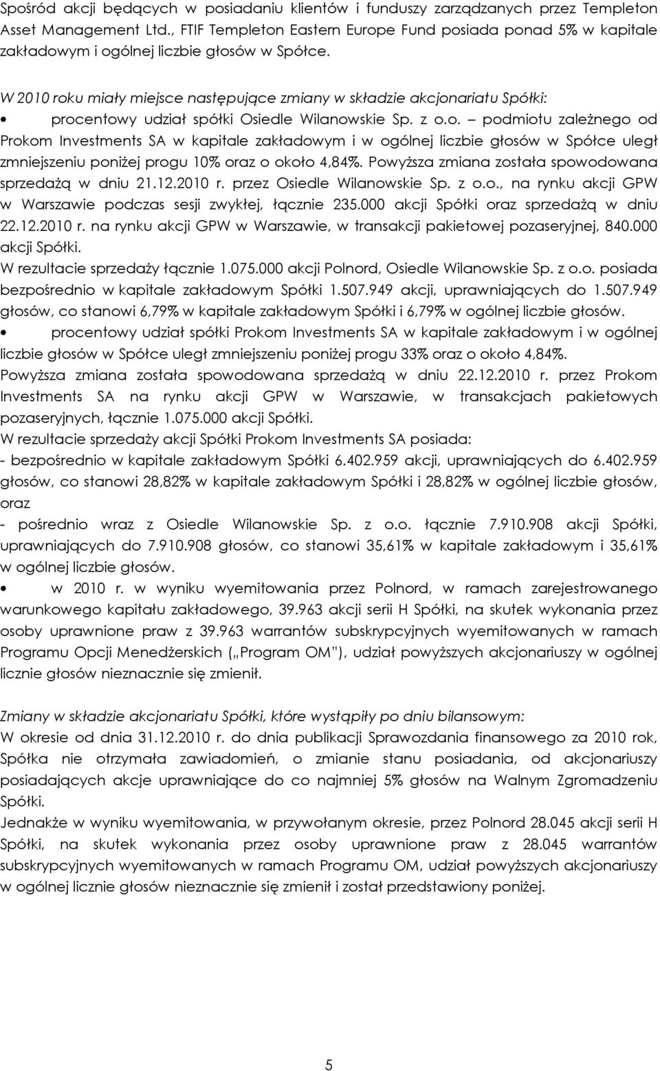 W 2010 roku miały miejsce następujące zmiany w składzie akcjonariatu Spółki: procentowy udział spółki Osiedle Wilanowskie Sp. z o.o. podmiotu zaleŝnego od Prokom Investments SA w kapitale zakładowym i w ogólnej liczbie głosów w Spółce uległ zmniejszeniu poniŝej progu 10% oraz o około 4,84%.