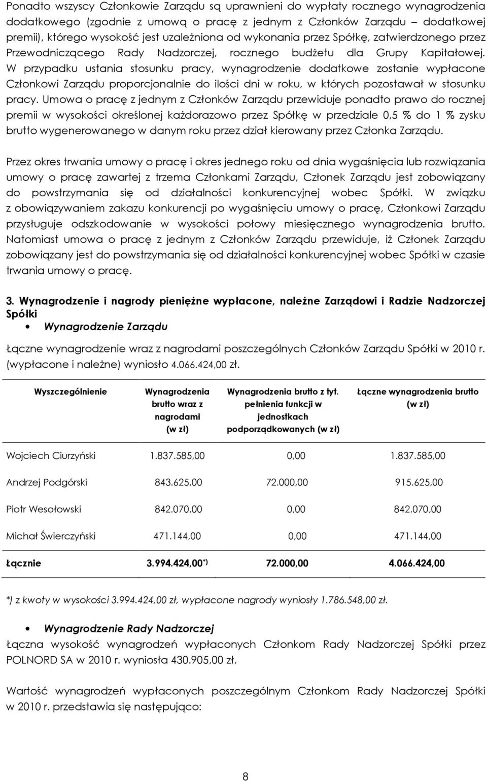 W przypadku ustania stosunku pracy, wynagrodzenie dodatkowe zostanie wypłacone Członkowi Zarządu proporcjonalnie do ilości dni w roku, w których pozostawał w stosunku pracy.