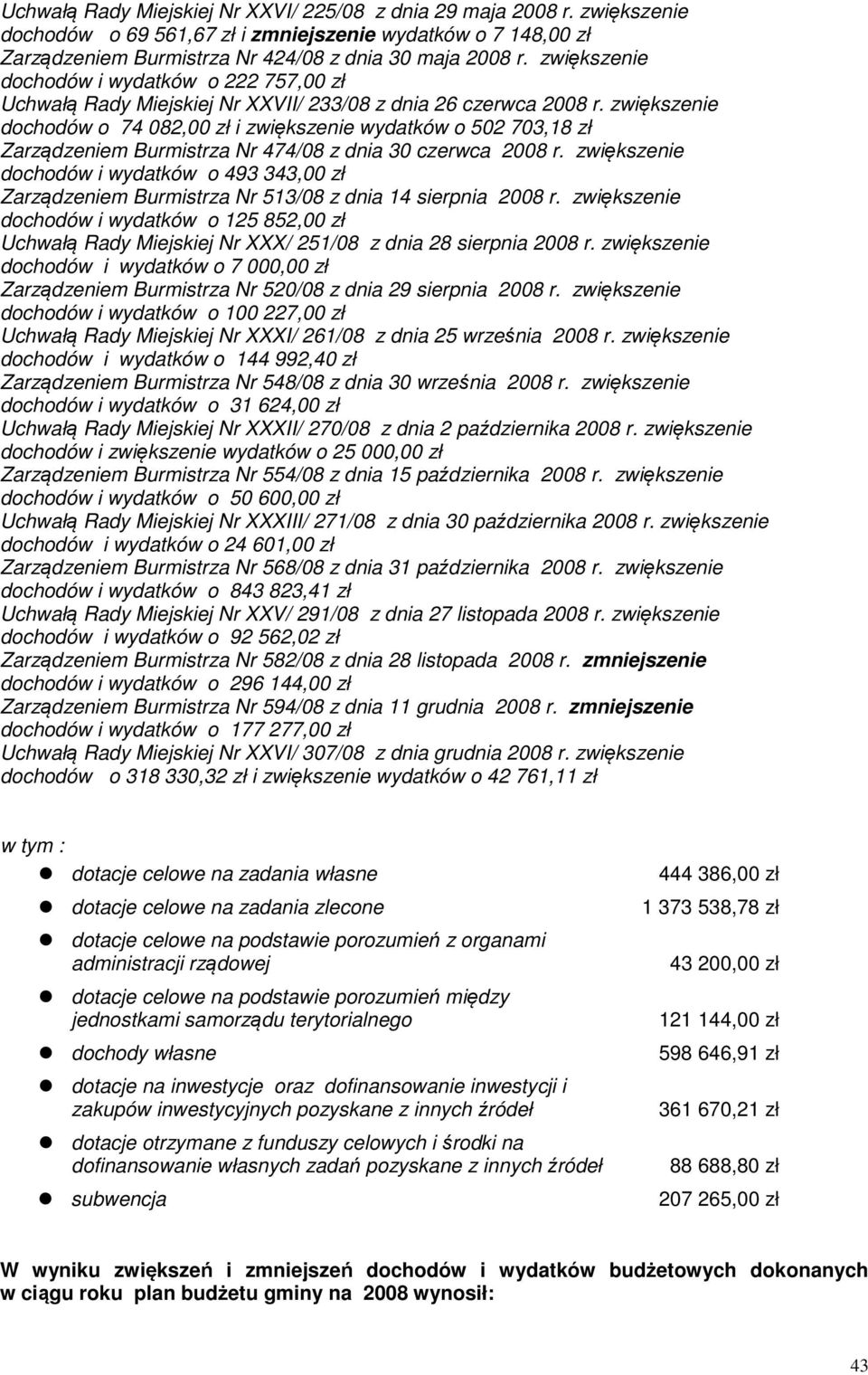 zwiększenie dochodów o 74 082,00 zł i zwiększenie wydatków o 502 703,18 zł Zarządzeniem Burmistrza Nr 474/08 z dnia 30 czerwca 2008 r.