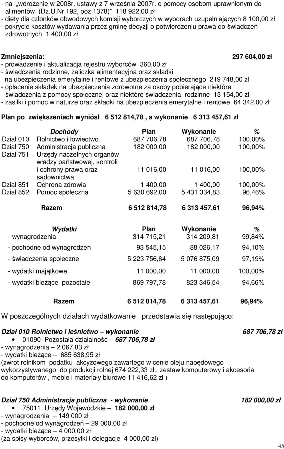 zdrowotnych 1 400,00 zł Zmniejszenia: 297 604,00 zł - prowadzenie i aktualizacja rejestru wyborców 360,00 zł - świadczenia rodzinne, zaliczka alimentacyjna oraz składki na ubezpieczenia emerytalne i