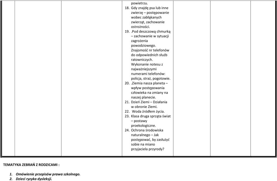 Wykonanie notesu z najważniejszymi numerami telefonów: policja, straż, pogotowie. 20..Ziemia nasza planeta wpływ postępowania człowieka na zmiany na naszej planecie. 21.