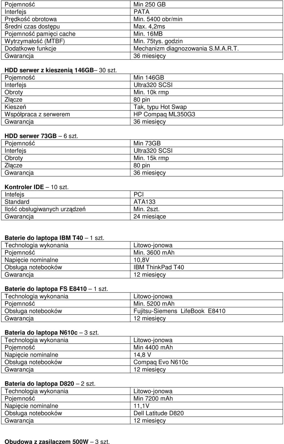 10k rmp Tak, typu Hot Swap HP Compaq ML350G3 Min 73GB Min. 15k rmp PCI ATA133 Min. 2szt. 24 miesiące Baterie do laptopa IBM T40 1 szt. Min. 3600 mah Napięcie nominalne 10,8V IBM ThinkPad T40 Baterie do laptopa FS E8410 1 szt.